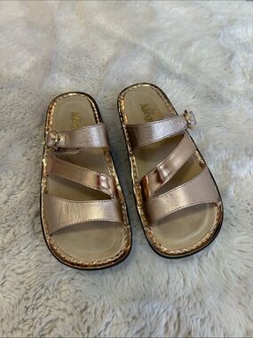 Alegria Metallic Rose Gold Three-Strap Slide Sandals